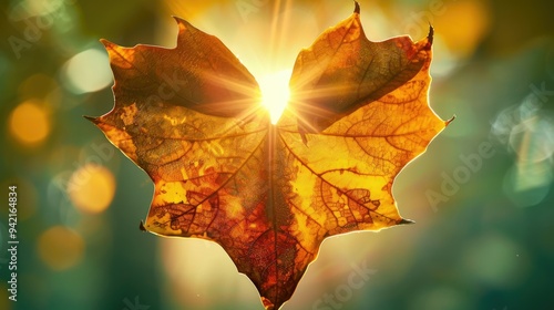 A heart-shaped maple leaf with the sun shining through it