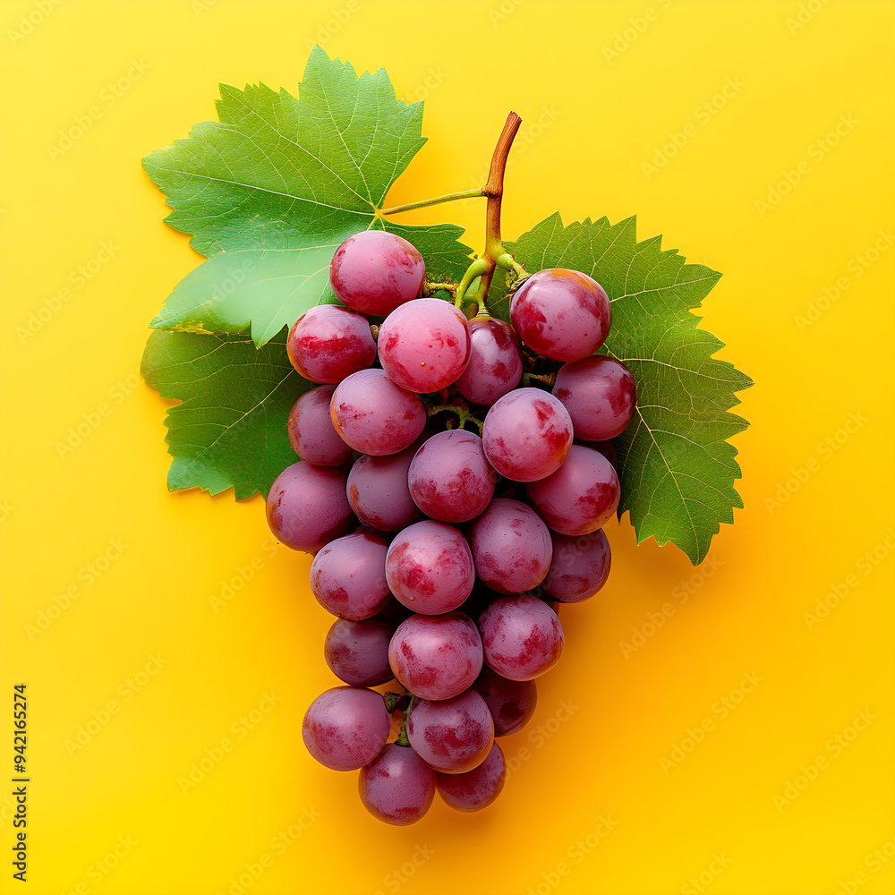 Fototapeta premium An bunch of grapes with green leaves set against a yellow background image