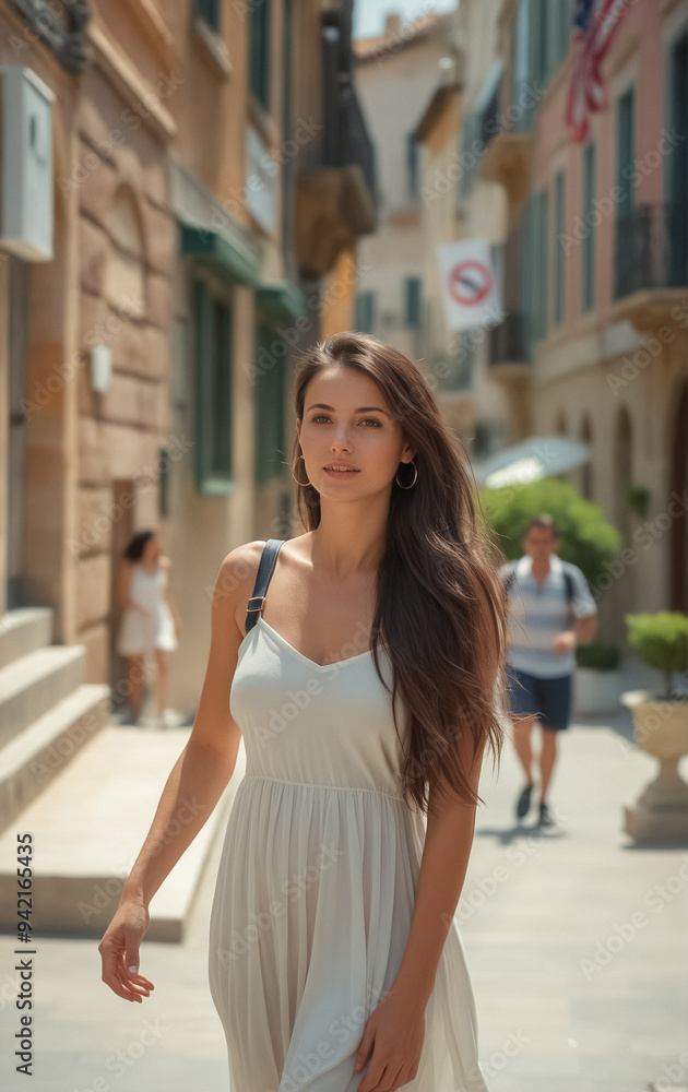 Fototapeta premium Portrait of a young dark-haired woman in a light summer dress on the streets of an old Mediterranean city. Walking around the city.