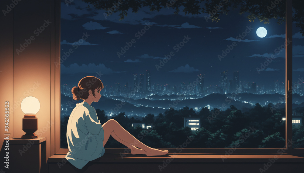 Fototapeta premium Fille manga anime nuit lo-fi retro vue ville soirée.