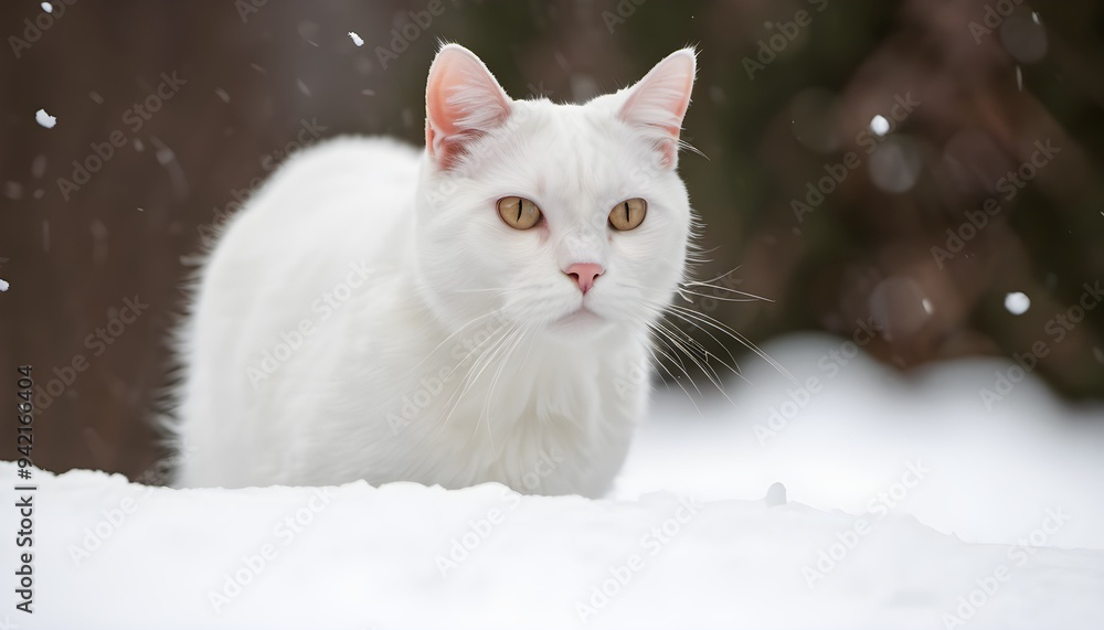 Fototapeta premium A White Cat sitting in the snow