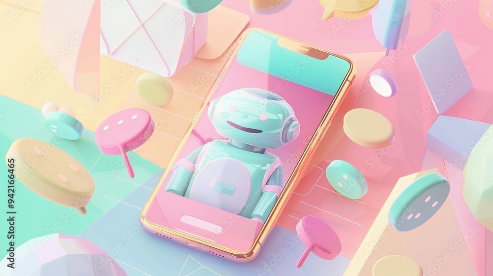 A colorful digital scene featuring a robot on a smartphone, surrounded by geometric shapes. A colorful digital scene featuring a robot on a smartphone, surrounded by geometric shapes.