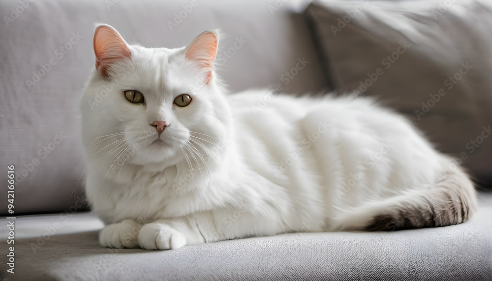 A White Cat sitting on a sofa A White Cat sitting on a sofa