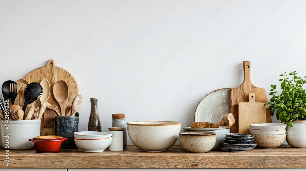 Kitchenware including a cupboard and bowls are arranged on a table against a white backdrop, leaving ample space for text. This setting evokes the concept of home kitchen decor. Kitchenware including a cupboard and bowls are arranged on a table against a white backdrop, leaving ample space for text. This setting evokes the concept of home kitchen decor.