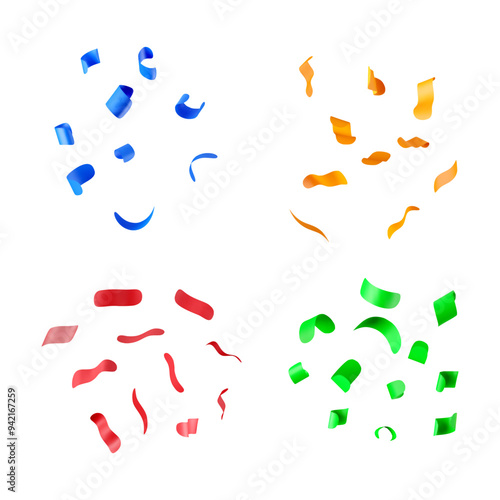 3D party confetti set isolated on white. Render color confetti collection. Colorful firecracker elements in various shapes. Party, holyday, surprise or birthday events. Vector illustration
