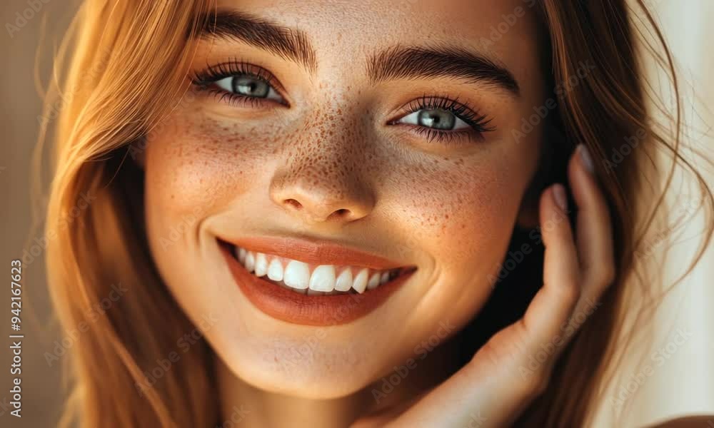 Close-up Portrait of a Smiling Woman with Freckles Close-up Portrait of a Smiling Woman with Freckles