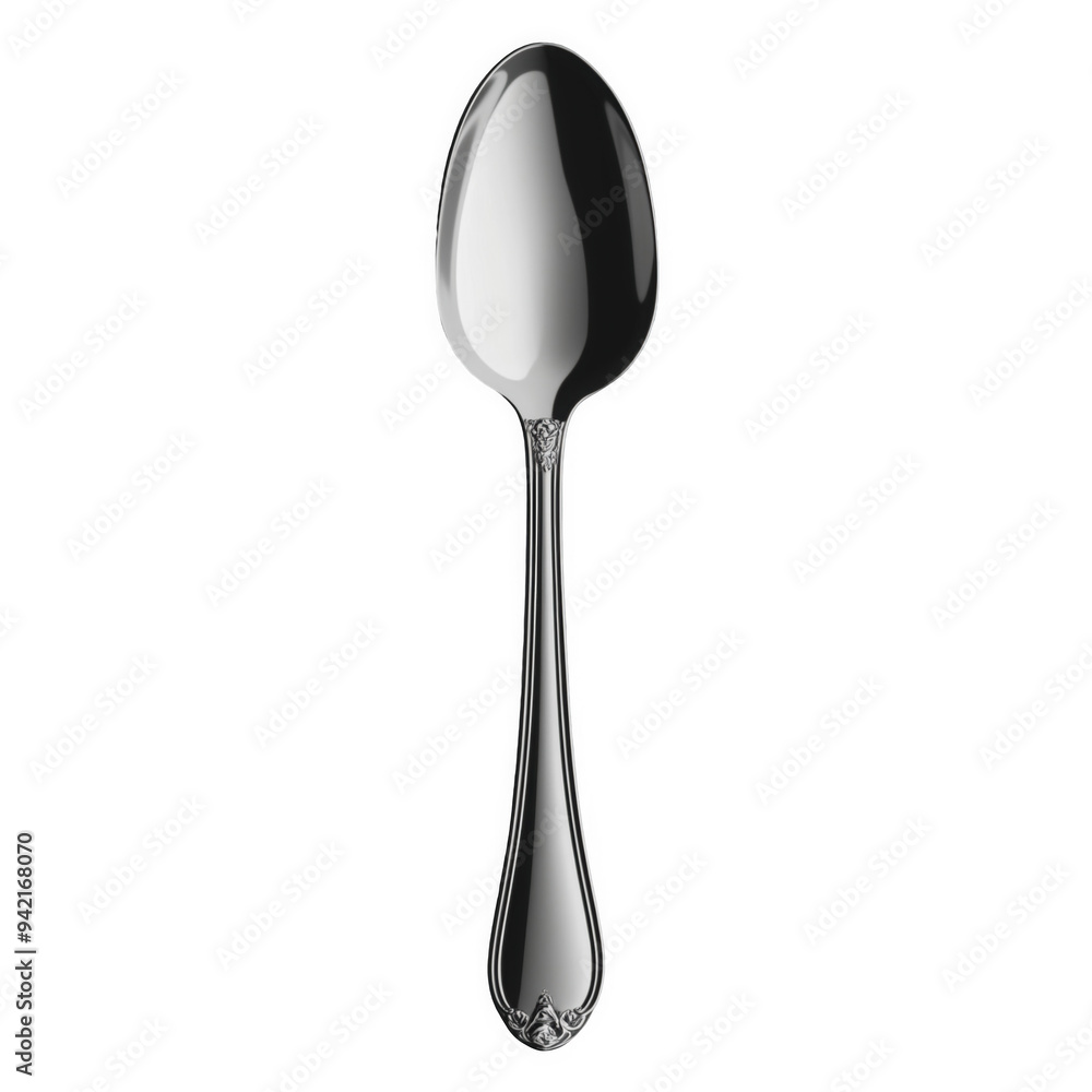 Shiny stainless steel spoon with ornate handle design, without background, png image, transparent backdrop Shiny stainless steel spoon with ornate handle design, without background, png image, transparent backdrop