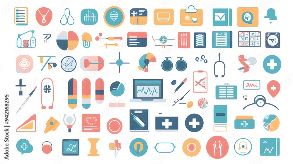 Comprehensive sets of vector icons covering a range of categories such as technology, healthcare, and education. Perfect for web and app design.