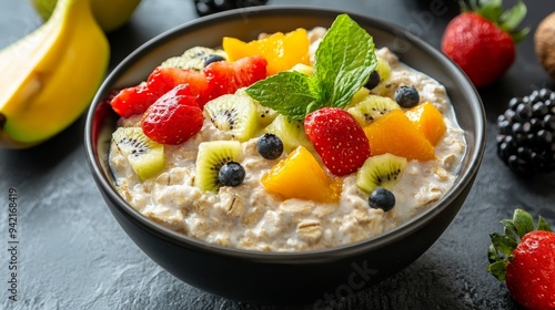 Nourishing morning meal featuring oatmeal enhanced with a medley of fresh fruits. [992] --ar 16:9 --v 6.1 Job ID: 3829f858-ed7a-48ca-b434-d8a3c683b8ff photo