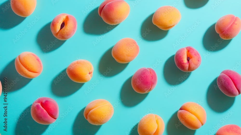 Overhead perspective of a collection of fresh, ripe, organic apricots arranged on a vibrant backdrop, perfect for health-conscious individuals seeking wholesome nourishment. Overhead perspective of a collection of fresh, ripe, organic apricots arranged on a vibrant backdrop, perfect for health-conscious individuals seeking wholesome nourishment.