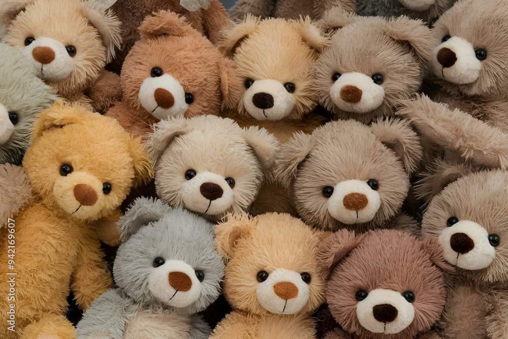 Large group of teddy bears of different colors and sizes arranged in a pile soft and cuddly stuffed animals with blurred background Large group of teddy bears of different colors and sizes arranged in a pile soft and cuddly stuffed animals with blurred background
