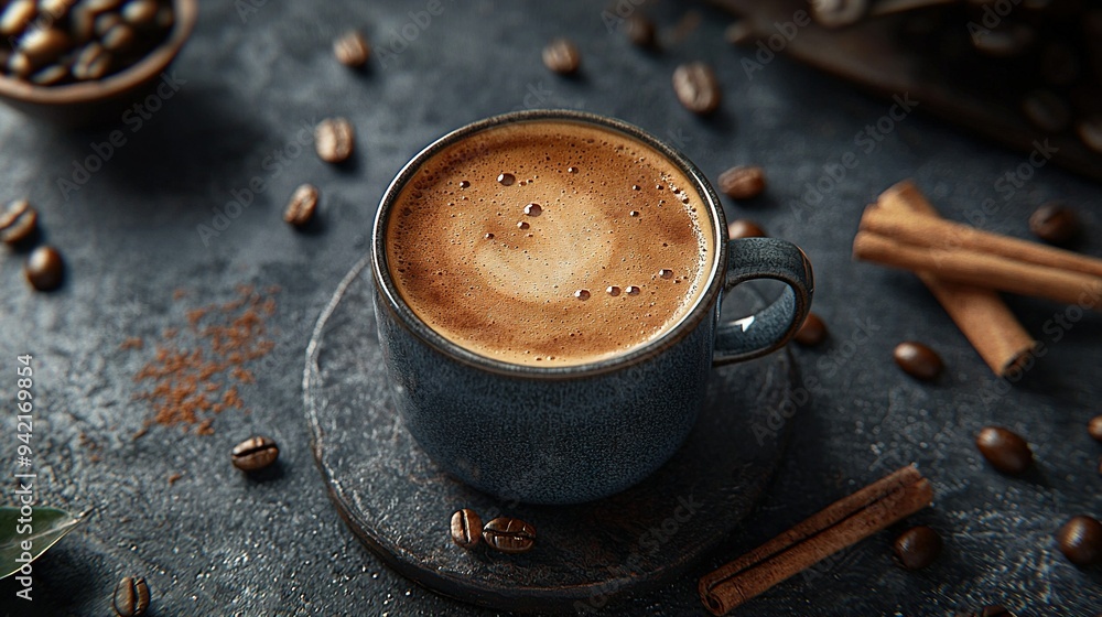 A cup of cappuccino on a saucer sits atop a table, surrounded by coffee beans and cinnamons A cup of cappuccino on a saucer sits atop a table, surrounded by coffee beans and cinnamons