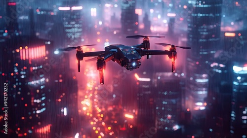 A powered drone flying over a smart city, scanning the environment, neon lights, advanced urban landscape.