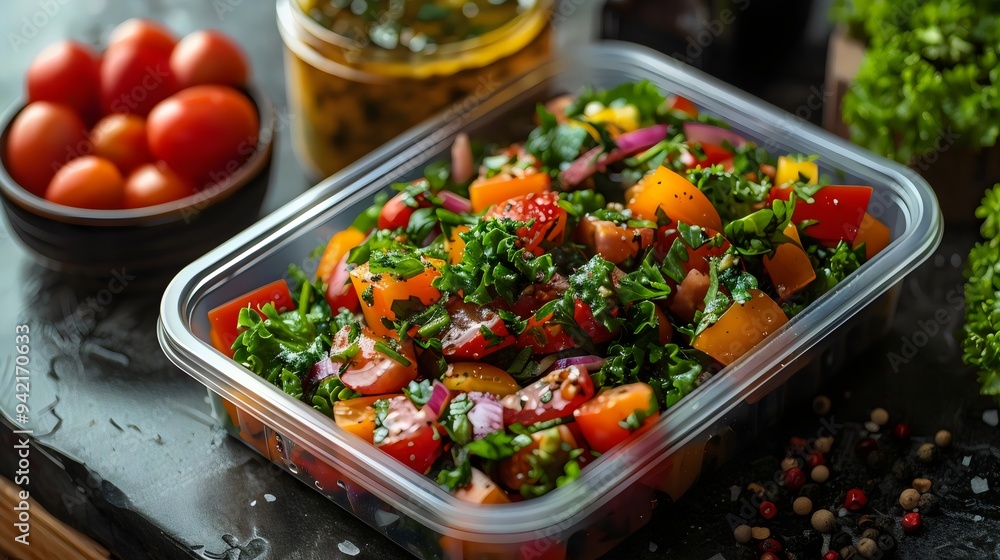 A salad is served in a plastic container on a table A salad is served in a plastic container on a table