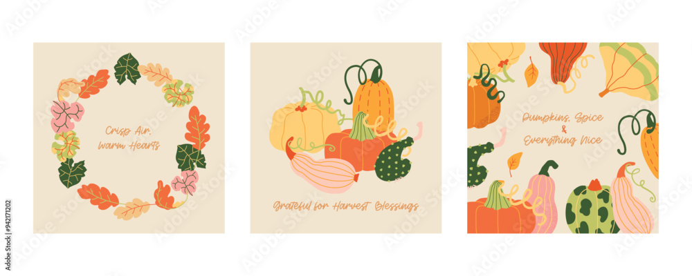 Fototapeta premium Autumn harvest various pumpkins and leaves hand drawn cute simple illustration composition. Modern clip art poster for children books, stationery, banners and social media