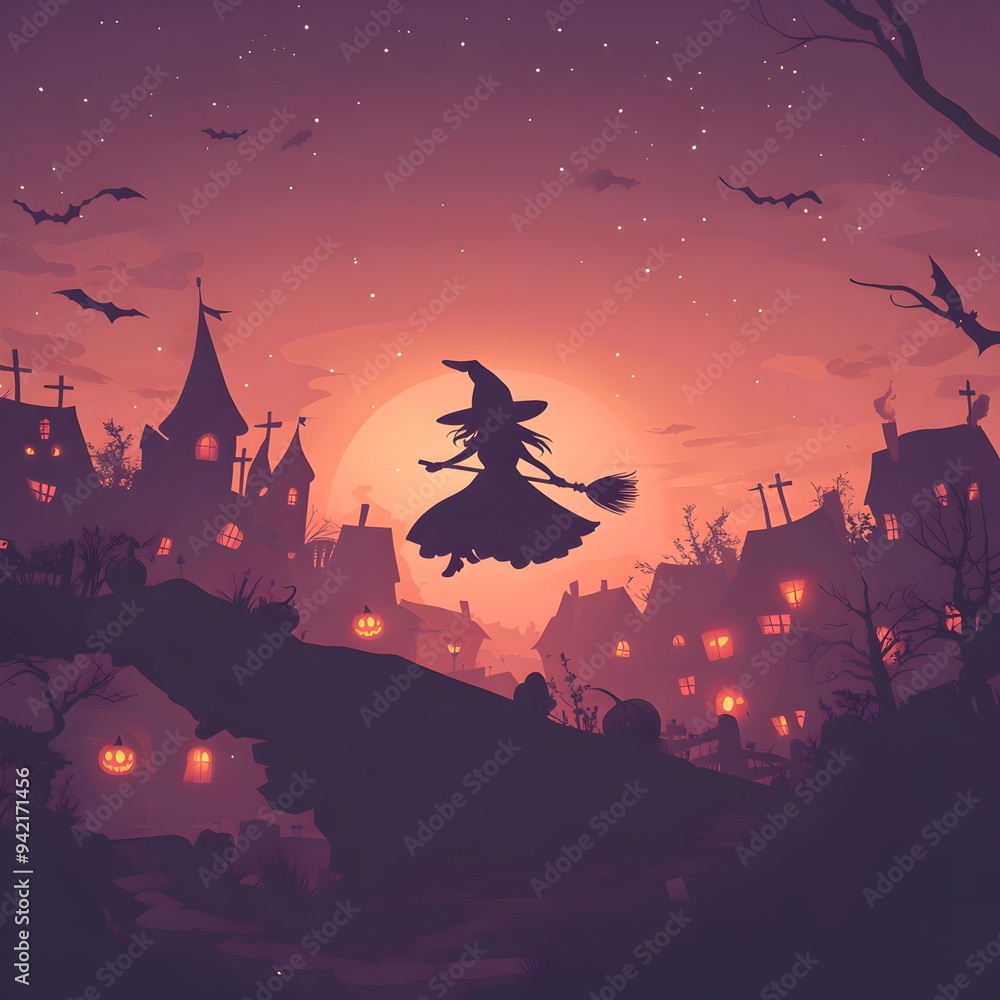 Charming pastel witch soaring over a whimsical town adorned with glowing pumpkins and spooky decorations, under a luminous full moon and shimmering stars. Charming pastel witch soaring over a whimsical town adorned with glowing pumpkins and spooky decorations, under a luminous full moon and shimmering stars.