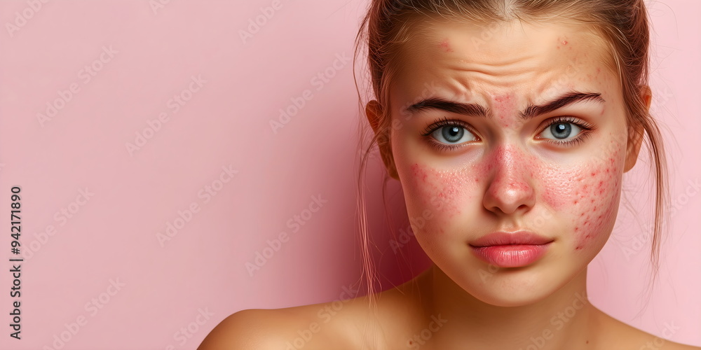 Young woman with acne bravely facing camera, real skin texture and resilience against soft pink background Young woman with acne bravely facing camera, real skin texture and resilience against soft pink background