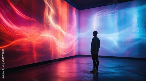 A person standing in a room where the walls are made of pulsating light, with abstract forms shifting in and out of focus, symbolizing the fluid nature of consciousness .