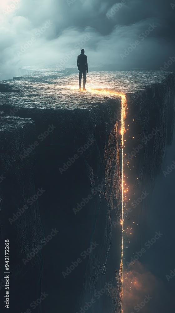 Obraz premium A person standing on a bridge made of light, suspended over an abyss of darkness, symbolizing the fragile balance between hope and despair.