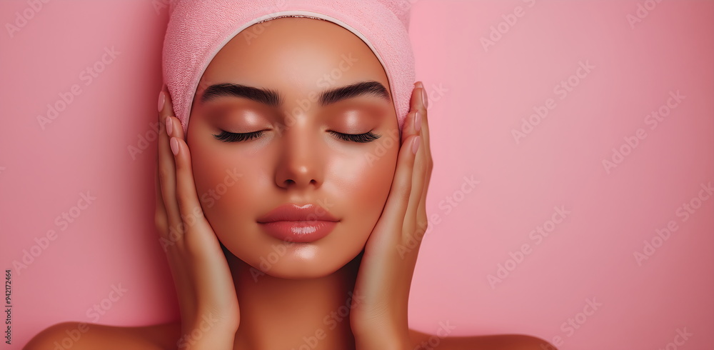 Radiant skin closeup of woman with flawless complexion, pink headband, and natural makeup results of professional skincare treatments. Banner with copy space Radiant skin closeup of woman with flawless complexion, pink headband, and natural makeup results of professional skincare treatments. Banner with copy space