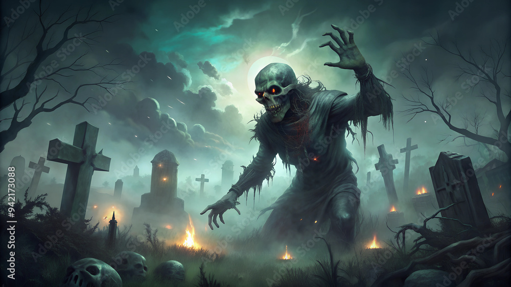 Fototapeta premium Eerie Skeleton Monster Rising in a Haunted Cemetery Under a Stormy Night Sky