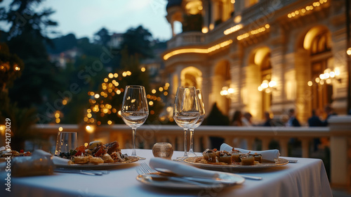 A table with two wine glasses and two plates of food