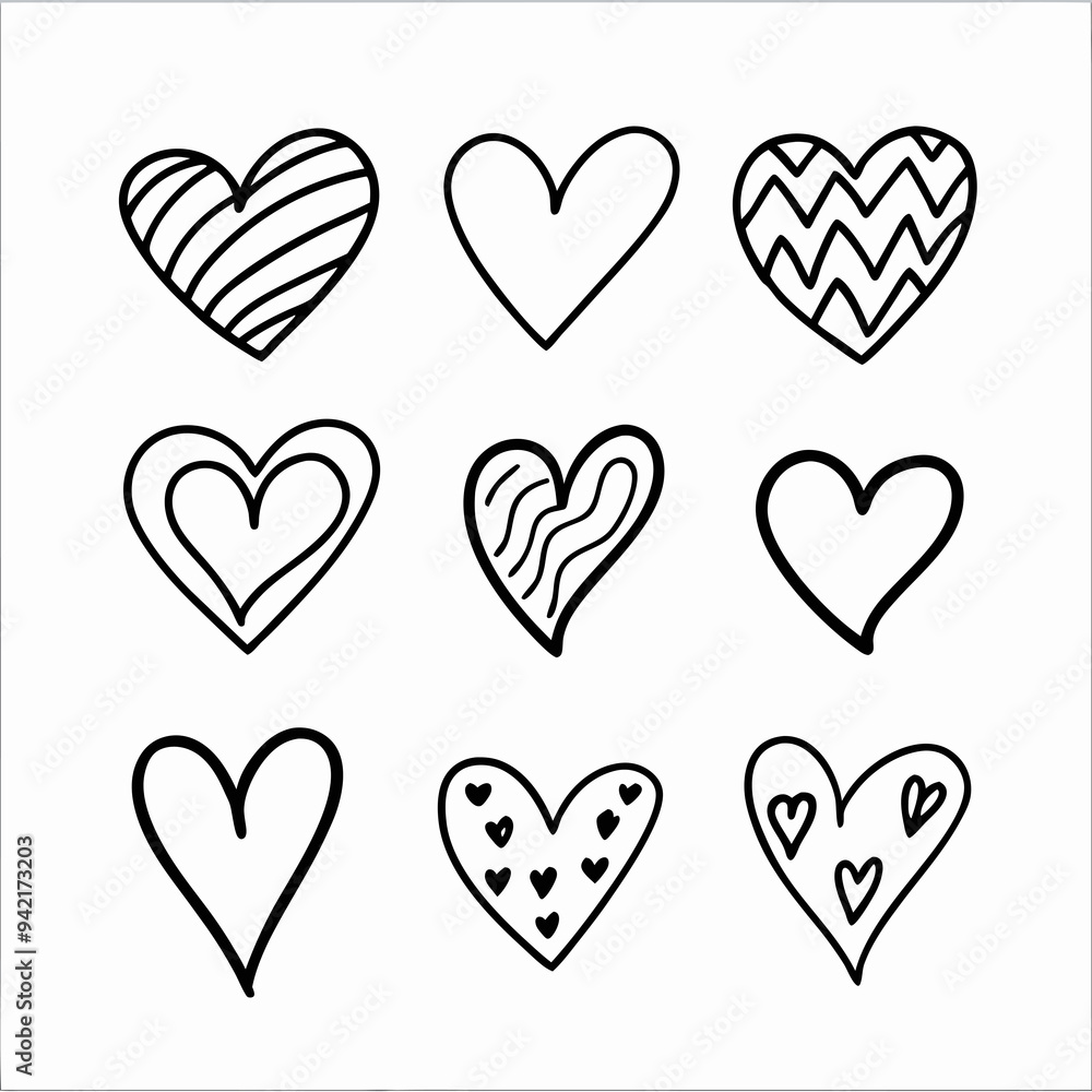 Nine black and white hand-drawn hearts, each with unique patterns, are arranged in a 3x3 grid Nine black and white hand-drawn hearts, each with unique patterns, are arranged in a 3x3 grid