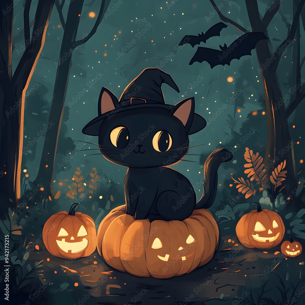 Fototapeta premium Kawaii black cat on a pumpkin, wearing a witch hat, broomstick nearby, spooky forest setting, glowing jack-o'-lanterns, bats flying in a starry night sky
