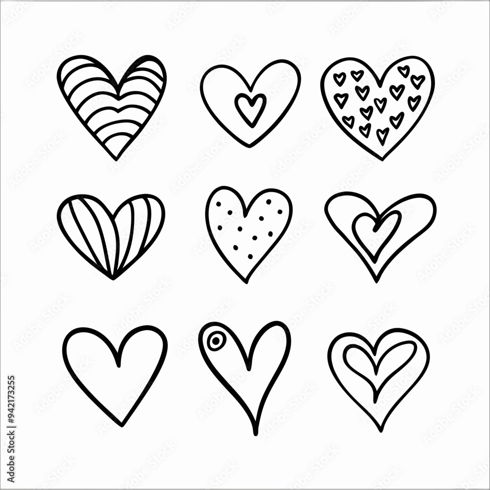 Nine black and white hand-drawn hearts, each with unique patterns, are arranged in a 3x3 grid Nine black and white hand-drawn hearts, each with unique patterns, are arranged in a 3x3 grid