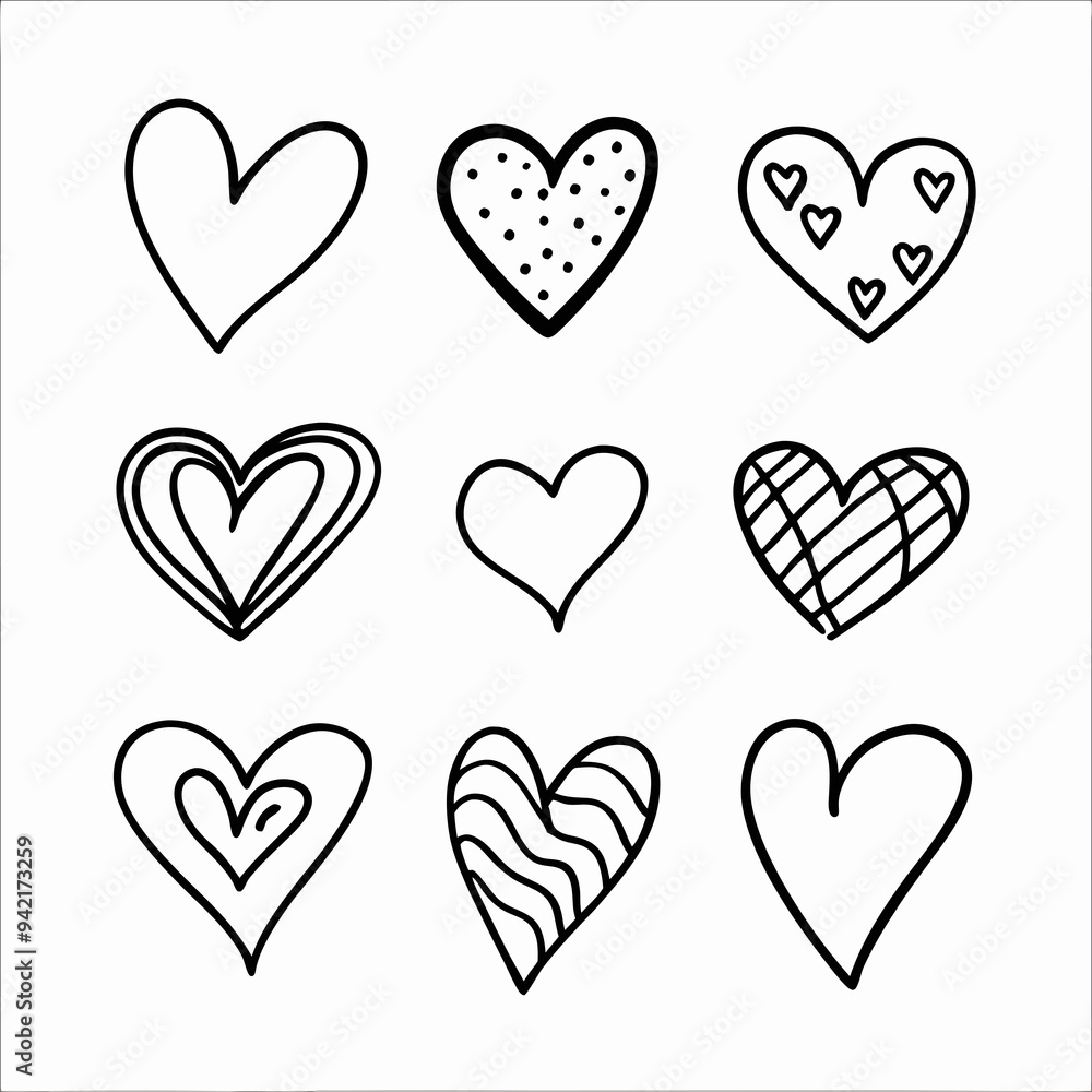 Nine black and white hand-drawn hearts, each with unique patterns, are arranged in a 3x3 grid Nine black and white hand-drawn hearts, each with unique patterns, are arranged in a 3x3 grid
