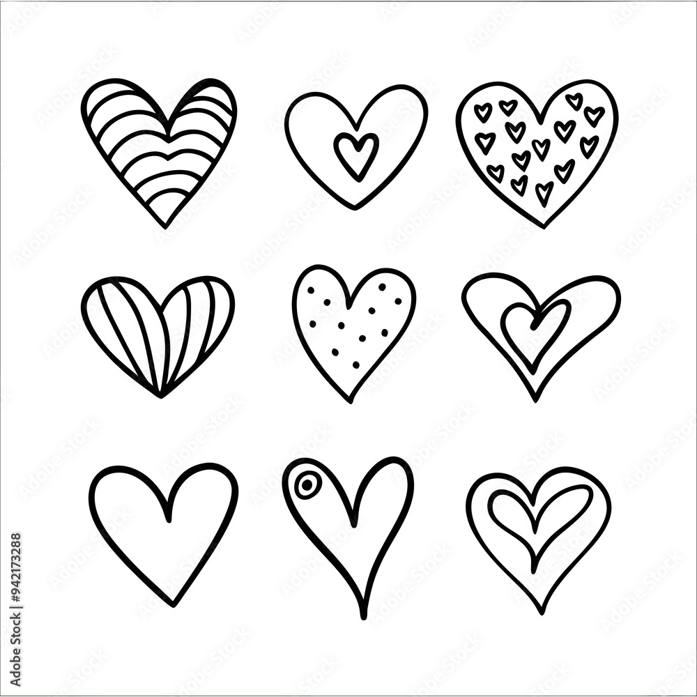 Nine black and white hand-drawn hearts, each with unique patterns, are arranged in a 3x3 grid Nine black and white hand-drawn hearts, each with unique patterns, are arranged in a 3x3 grid