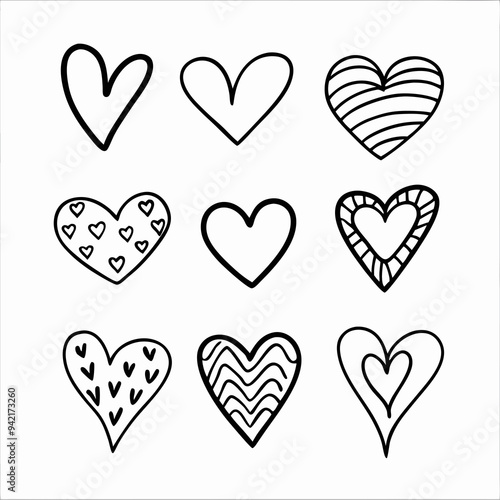 Nine black and white hand-drawn hearts, each with unique patterns, are arranged in a 3x3 grid