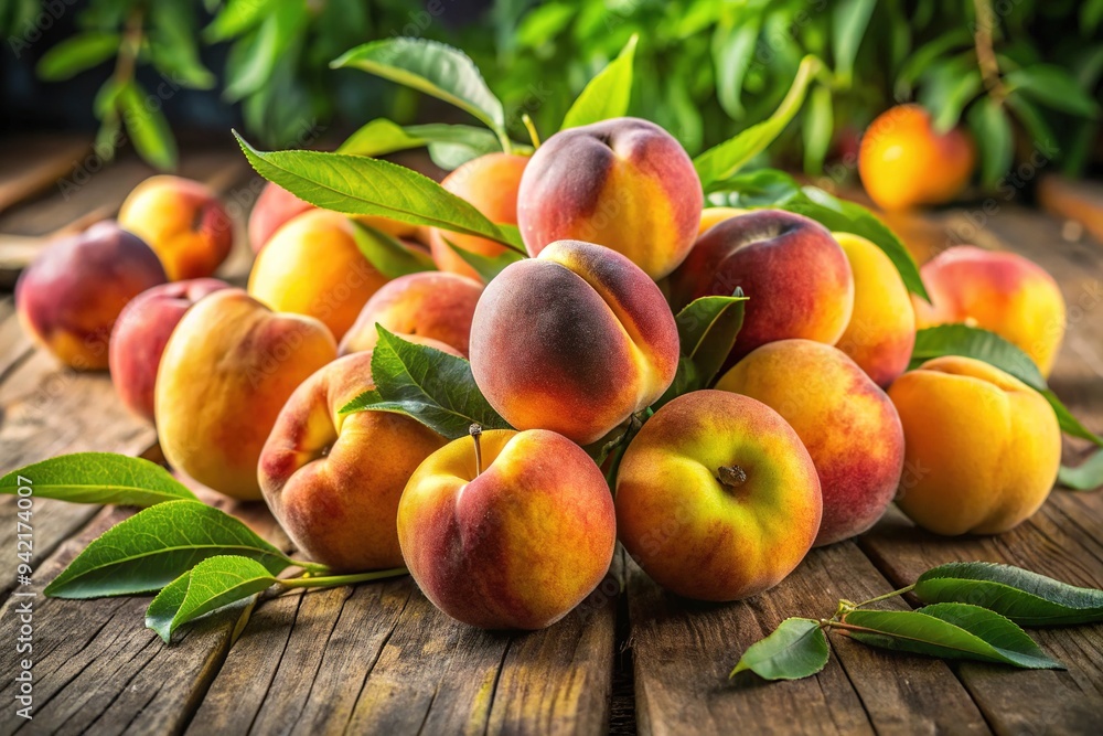 Vibrant yellow peaches with soft, fuzzy skin and ripe flesh are artfully arranged on a weathered wooden table, surrounded by lush green leaves and warm light. Vibrant yellow peaches with soft, fuzzy skin and ripe flesh are artfully arranged on a weathered wooden table, surrounded by lush green leaves and warm light.