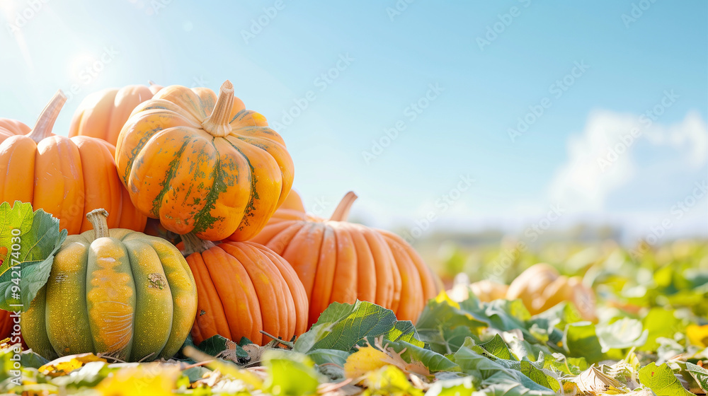 Pumpkins in vibrant fall decoration showcasing autumn harvest surrounded by green leaves and bright sky Pumpkins in vibrant fall decoration showcasing autumn harvest surrounded by green leaves and bright sky