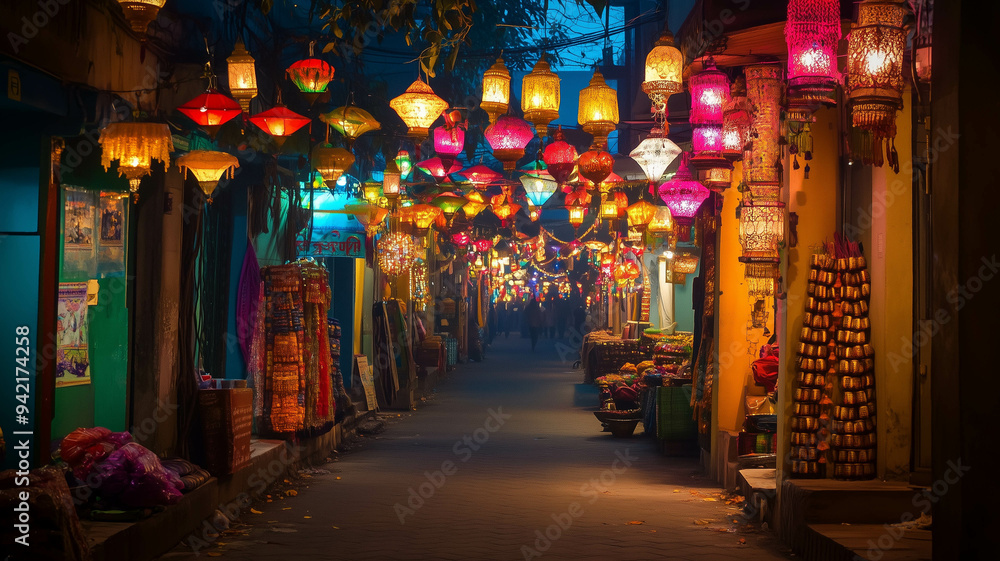 A street adorned with vibrant Diwali lanterns and decorations, capturing the festive atmosphere A street adorned with vibrant Diwali lanterns and decorations, capturing the festive atmosphere