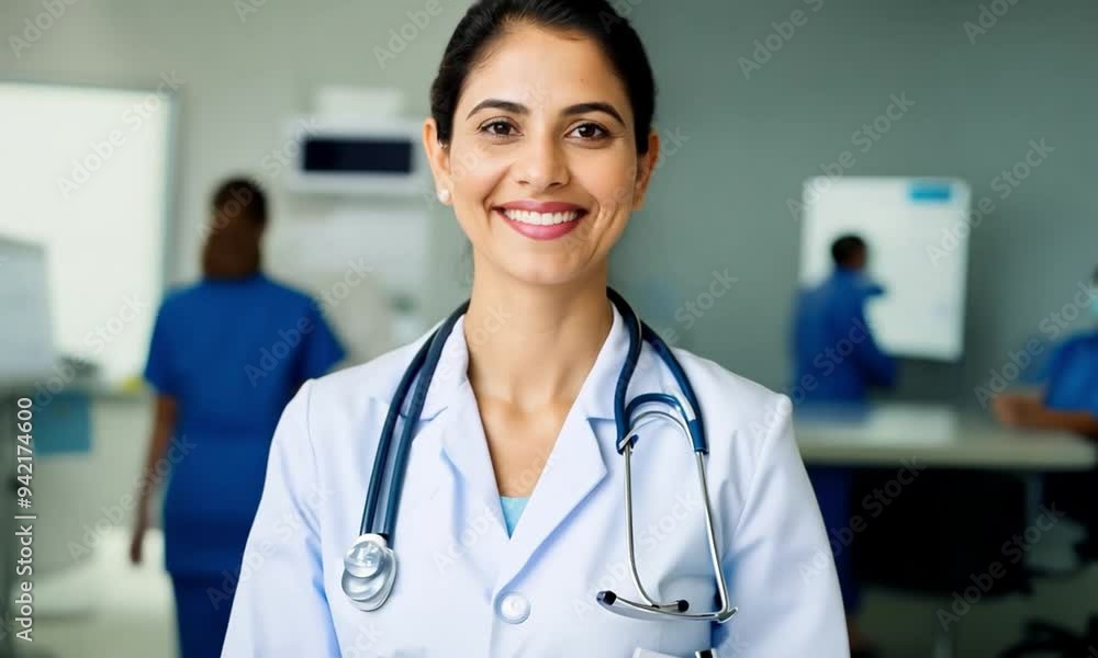 Close up of middle aged brunette woman doctor smiling friendly and looking at camera against background of doctor's office with nurses in background Close up of middle aged brunette woman doctor smiling friendly and looking at camera against background of doctor's office with nurses in background