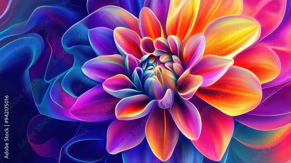 Dahlia flower in colorful abstract art style, featuring neon geometric lines and vibrant colors, set against a mesmerizing vector background Dahlia flower in colorful abstract art style, featuring neon geometric lines and vibrant colors, set against a mesmerizing vector background