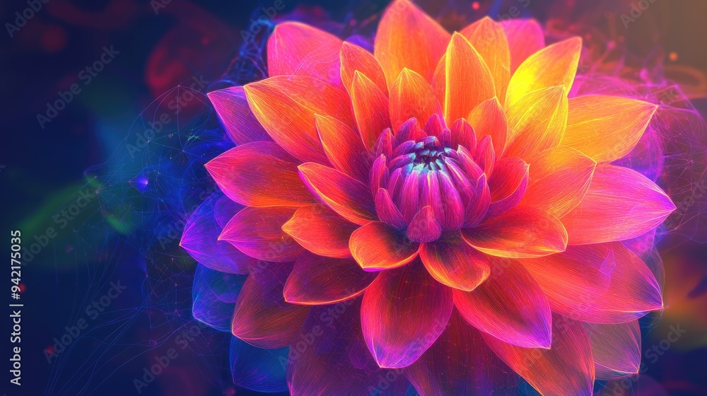 Dahlia flower in colorful abstract art style, featuring neon geometric lines and vibrant colors, set against a mesmerizing vector background