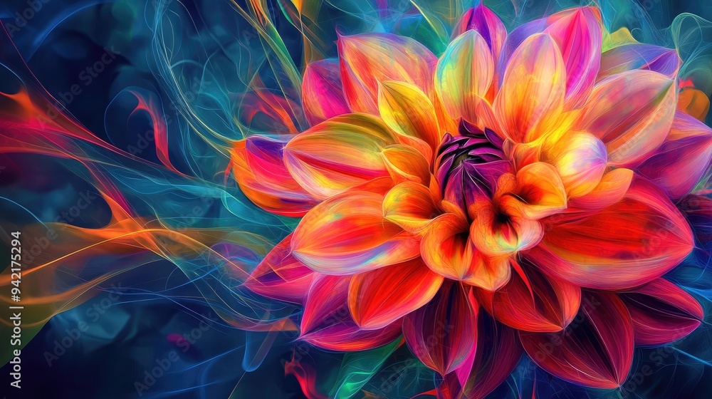 Obraz premium Dahlia in vibrant abstract art style, with geometric neon lines and a mix of bright colors, set against a mesmerizing vector background
