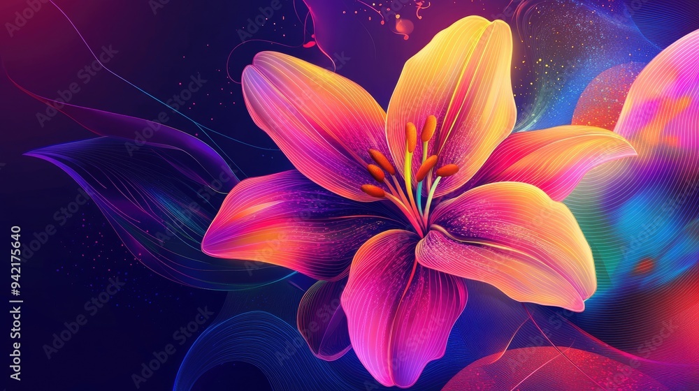 Lily flower in a colorful abstract style, featuring geometric neon lines and bright colors, set against a mesmerizing vector background Lily flower in a colorful abstract style, featuring geometric neon lines and bright colors, set against a mesmerizing vector background