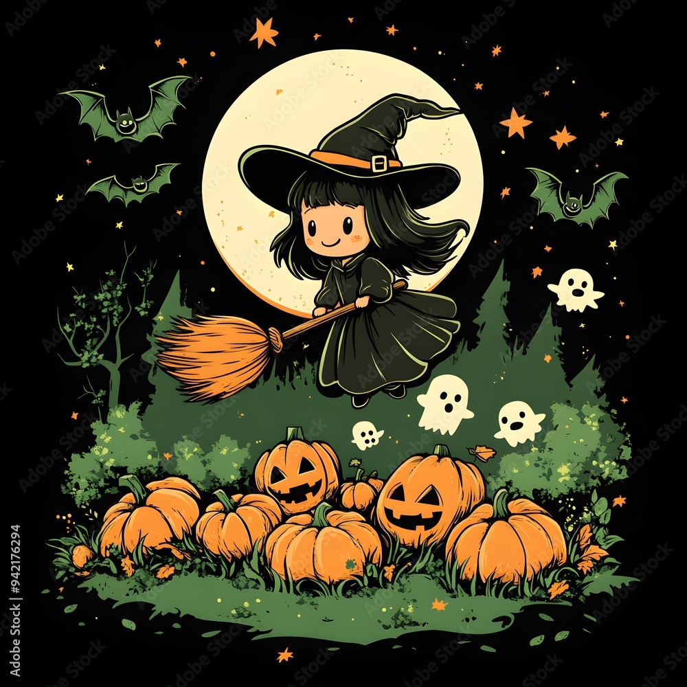 Charming witch soaring over a pumpkin patch, playful bats and friendly ghosts accompany her, beneath a crescent moon and sparkling stars in a whimsical night sky Charming witch soaring over a pumpkin patch, playful bats and friendly ghosts accompany her, beneath a crescent moon and sparkling stars in a whimsical night sky