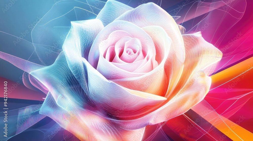 Abstract white rose with vibrant neon lines and geometric shapes, set against a colorful vector background, creating a mesmerizing effect Abstract white rose with vibrant neon lines and geometric shapes, set against a colorful vector background, creating a mesmerizing effect