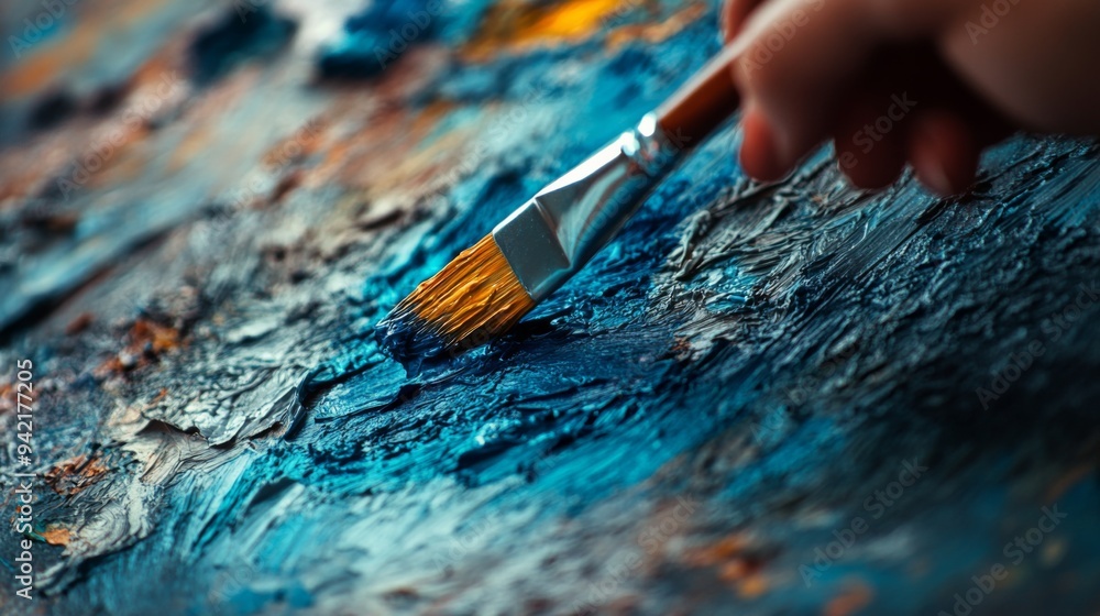 Close-up of a hand holding a paintbrush applying blue paint to a canvas. Close-up of a hand holding a paintbrush applying blue paint to a canvas.