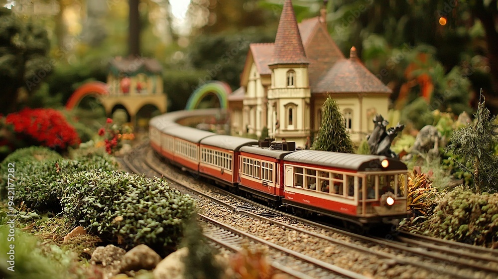 Fototapeta premium Red and white train on rails alongside green forest with red and white blossoms