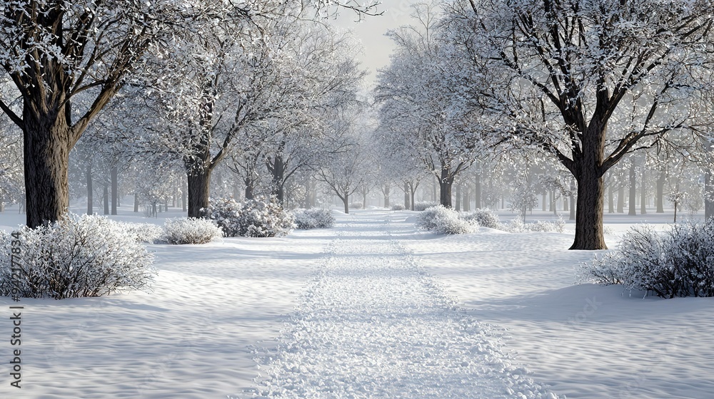 Snow-covered trail in a park surrounded by trees and bushes Snow-covered trail in a park surrounded by trees and bushes