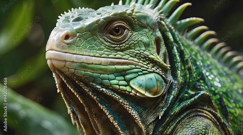 Closeup of cute green Iguana lizard, reptile, animals and wildlife in nature background