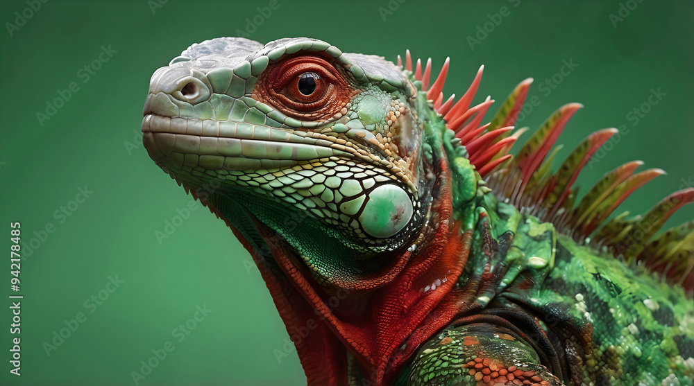 Closeup of cute green Iguana lizard, reptile, animals and wildlife in nature background