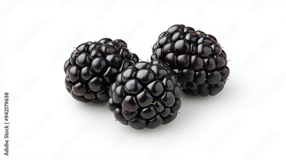 Three ripe blackberries arranged on a white background. Three ripe blackberries arranged on a white background.