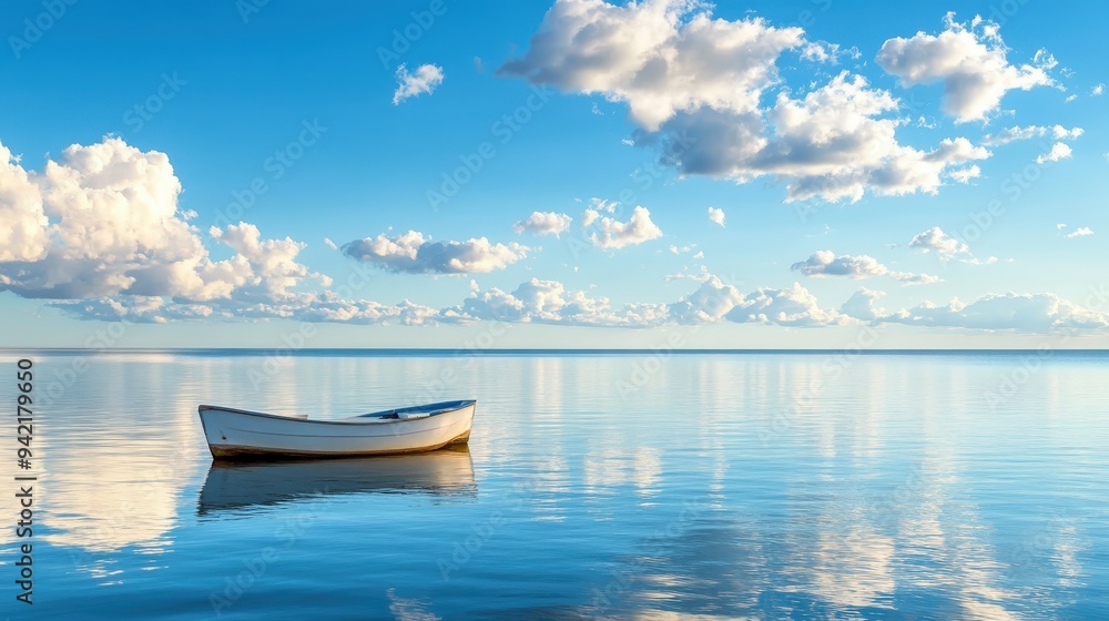 Serene boat on calm waters under a bright blue sky with fluffy clouds Serene boat on calm waters under a bright blue sky with fluffy clouds