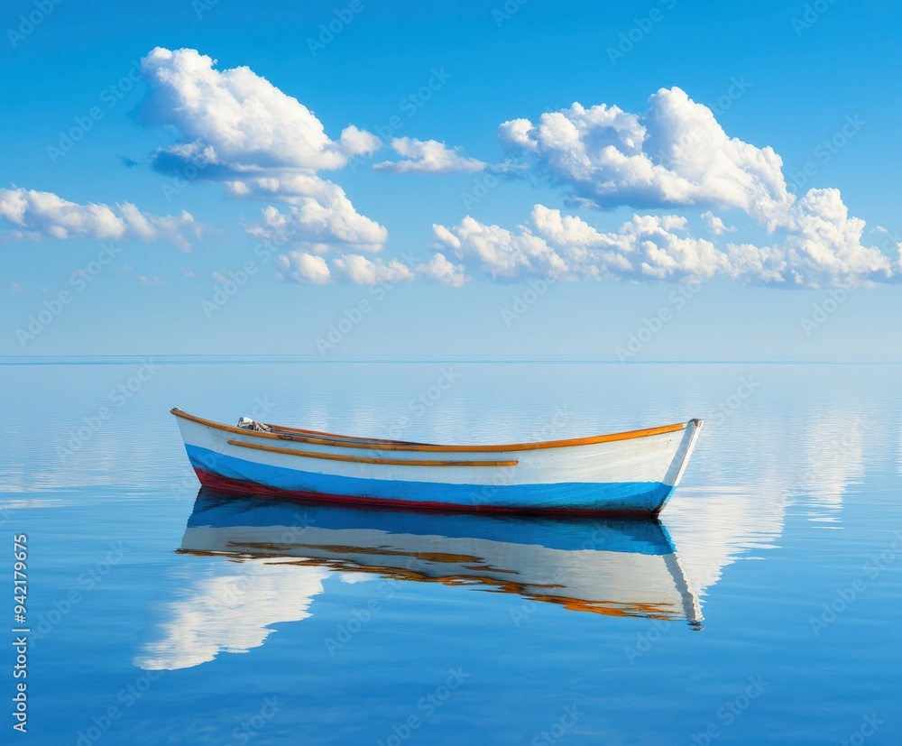 Colorful boat floating calmly on serene water under a bright sky Colorful boat floating calmly on serene water under a bright sky